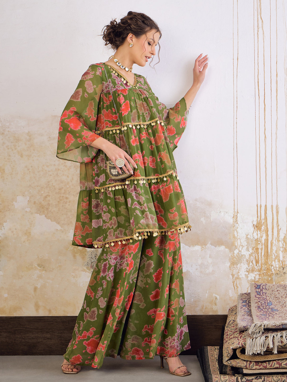 Green Tie & Dye Coin Lace Tired Kurta With Sharara Pants -Shae by SASSAFRAS
