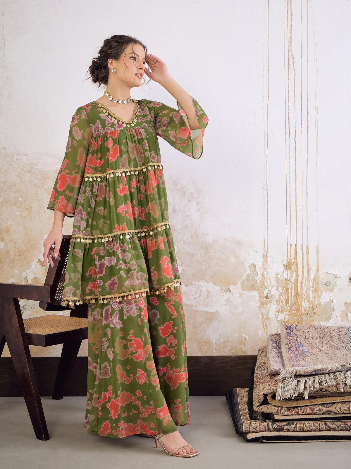 Green Tie & Dye Coin Lace Tired Kurta With Sharara Pants -Shae by SASSAFRAS