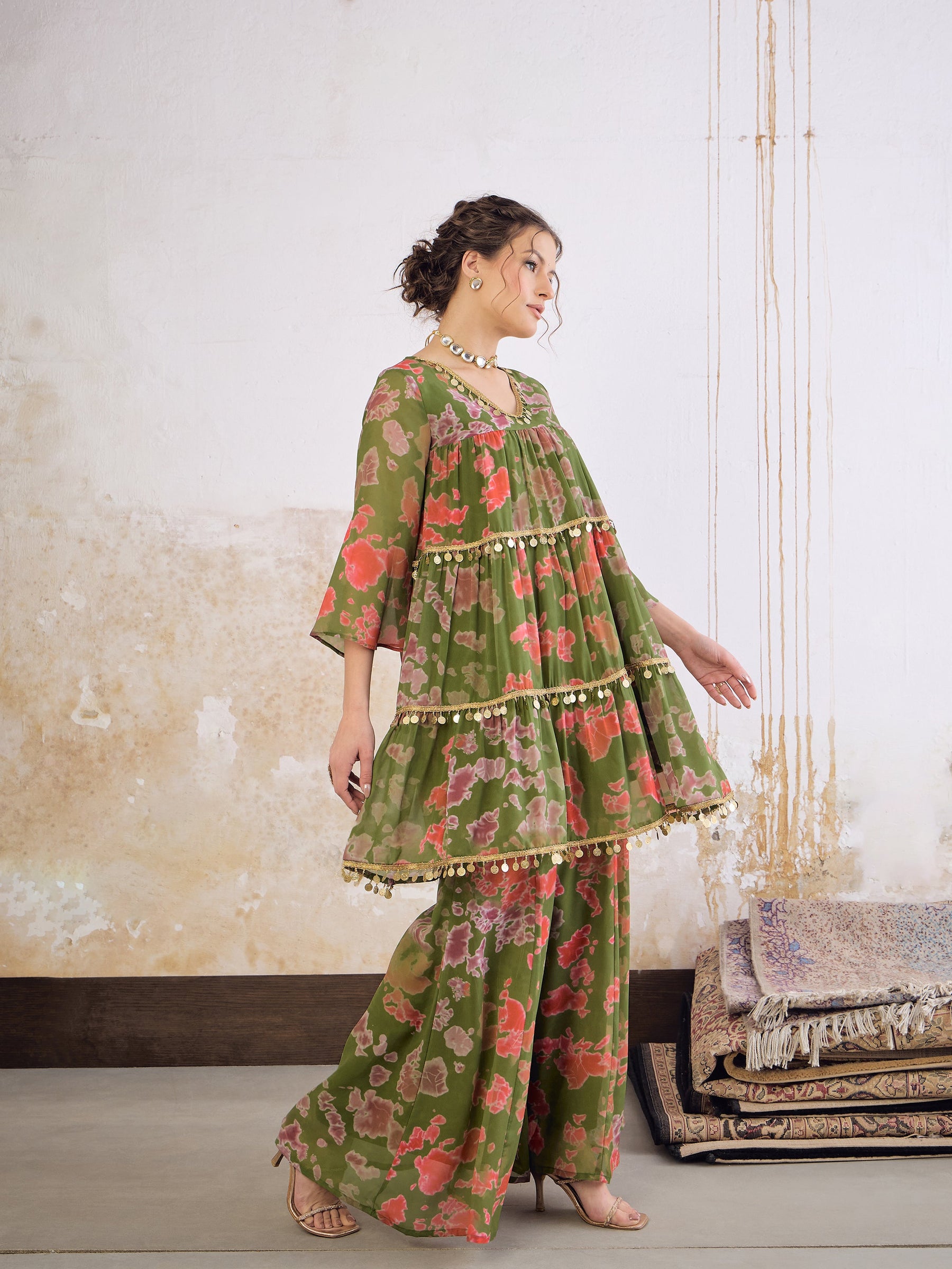 Green Tie & Dye Coin Lace Tired Kurta With Sharara Pants -Shae by SASSAFRAS