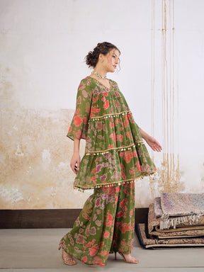 Green Tie & Dye Coin Lace Tired Kurta With Sharara Pants -Shae by SASSAFRAS