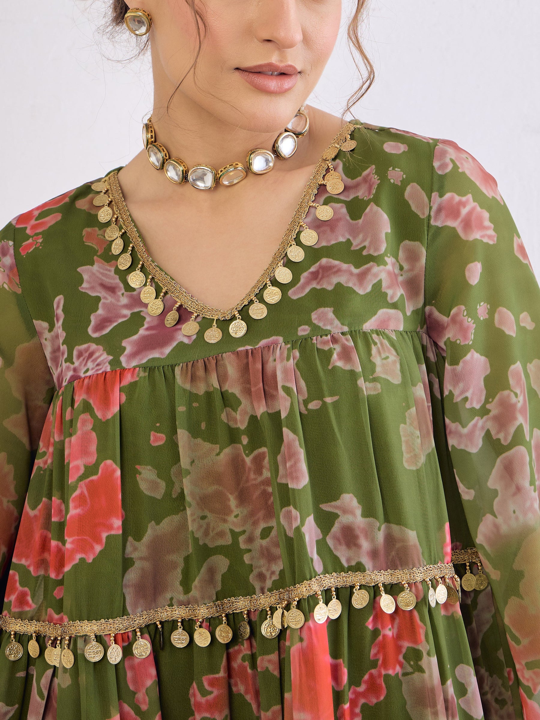 Green Tie & Dye Coin Lace Tired Kurta With Sharara Pants -Shae by SASSAFRAS