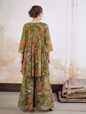 Green Tie & Dye Coin Lace Tired Kurta With Sharara Pants -Shae by SASSAFRAS