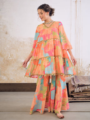 Orange Tie & Dye Coin Lace Tired Kurta With Sharara Pants -Shae by SASSAFRAS