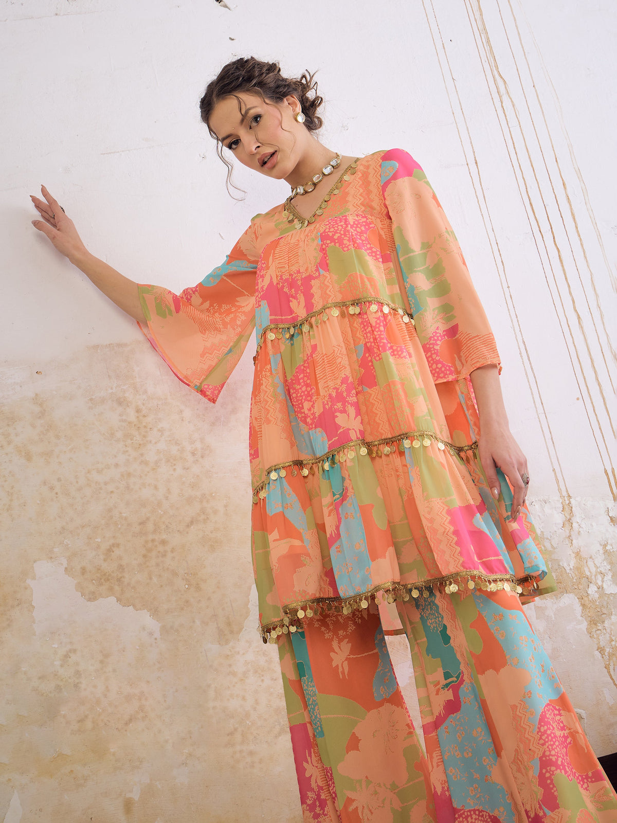 Orange Tie & Dye Coin Lace Tired Kurta With Sharara Pants -Shae by SASSAFRAS