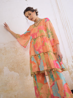Orange Tie & Dye Coin Lace Tired Kurta With Sharara Pants -Shae by SASSAFRAS