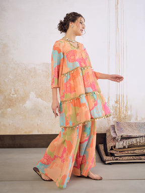 Orange Tie & Dye Coin Lace Tired Kurta With Sharara Pants -Shae by SASSAFRAS