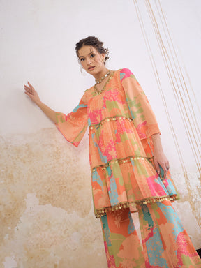 Orange Tie & Dye Coin Lace Tired Kurta With Sharara Pants -Shae by SASSAFRAS
