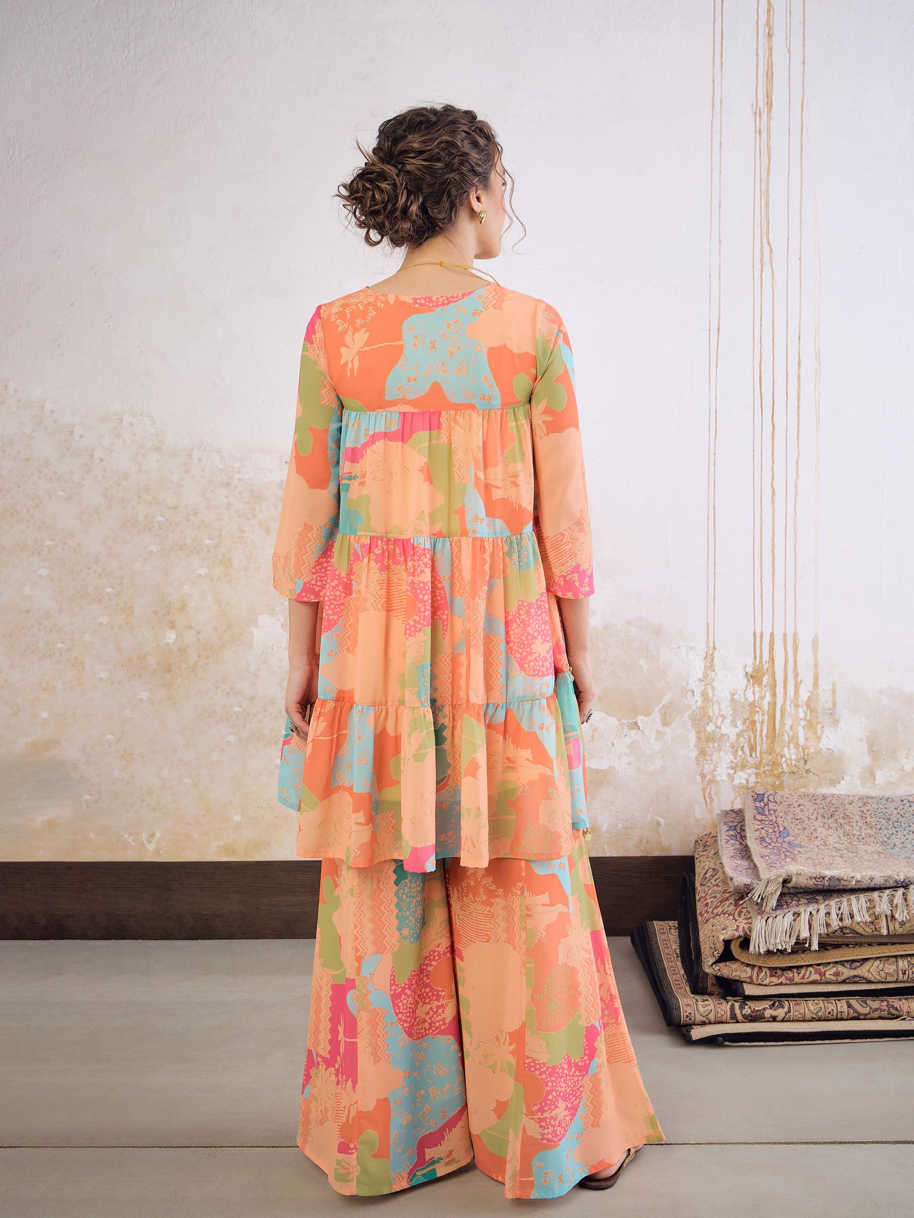Orange Tie & Dye Coin Lace Tired Kurta With Sharara Pants -Shae by SASSAFRAS
