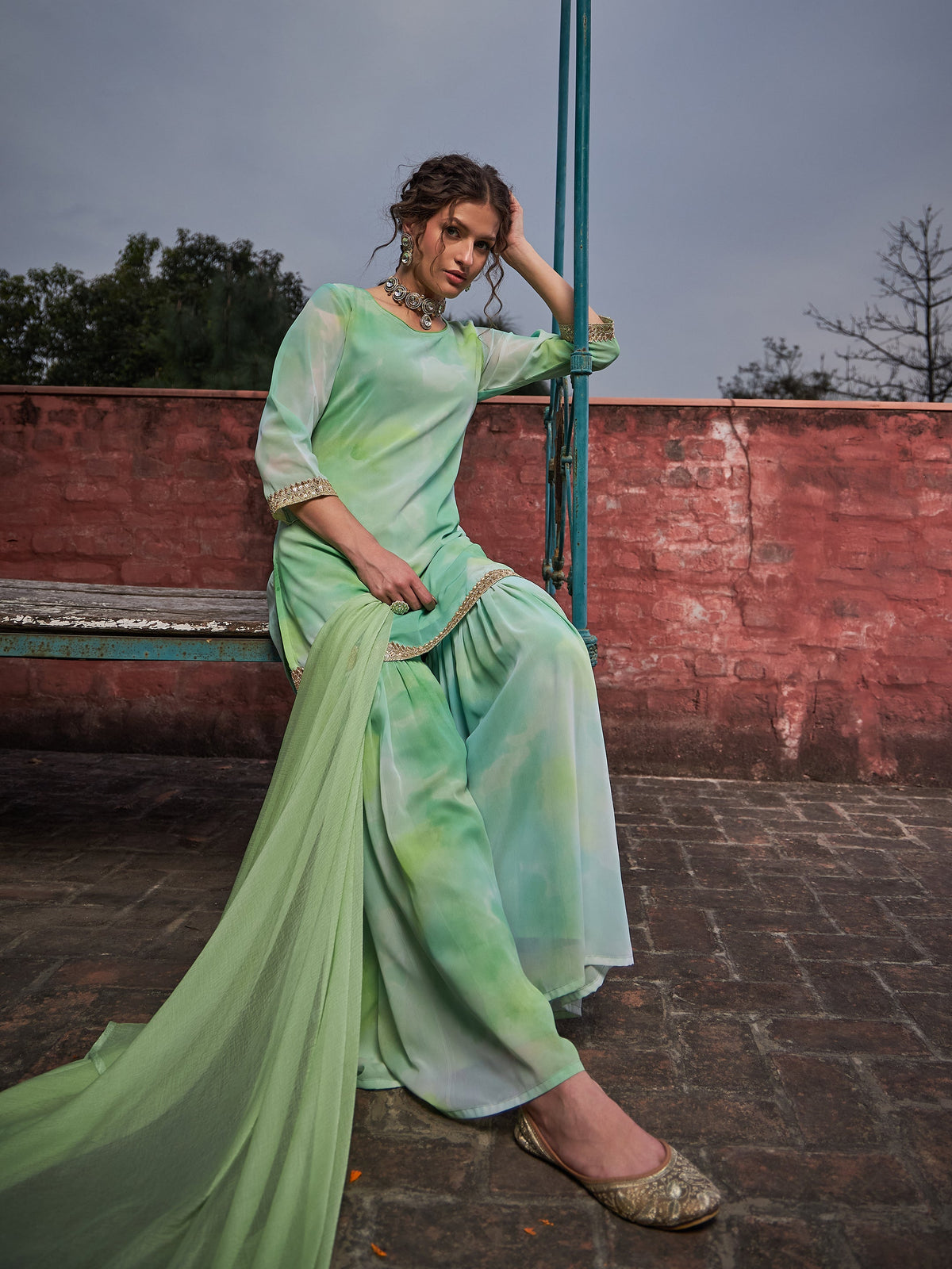 Lime Green Tie & Dye Short Kurta With Sharara Pants & Dupatta-Shae by SASSAFRAS