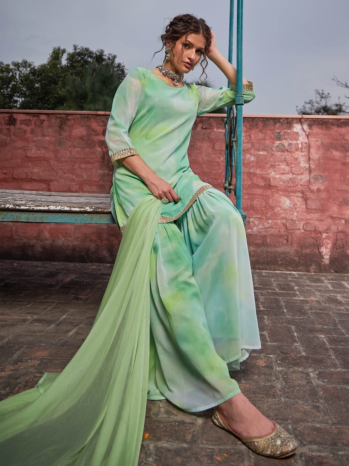 Lime Green Tie & Dye Short Kurta With Sharara Pants & Dupatta-Shae by SASSAFRAS