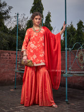 Orange Floral Short Kurta With Sharara Pants & Dupatta-Shae by SASSAFRAS