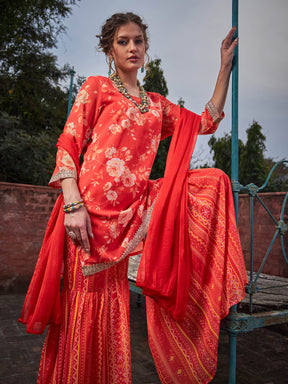 Orange Floral Short Kurta With Sharara Pants & Dupatta-Shae by SASSAFRAS