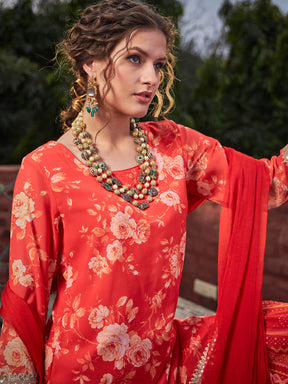 Orange Floral Short Kurta With Sharara Pants & Dupatta-Shae by SASSAFRAS