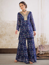 Navy Blue Floral Short Kurta With Palazzo Pants-Shae by SASSAFRAS