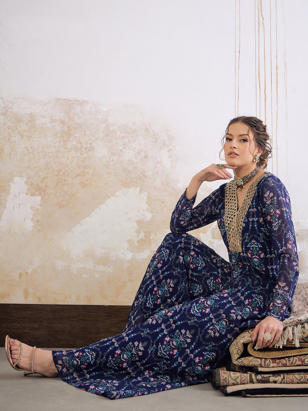 Navy Blue Floral Short Kurta With Palazzo Pants-Shae by SASSAFRAS