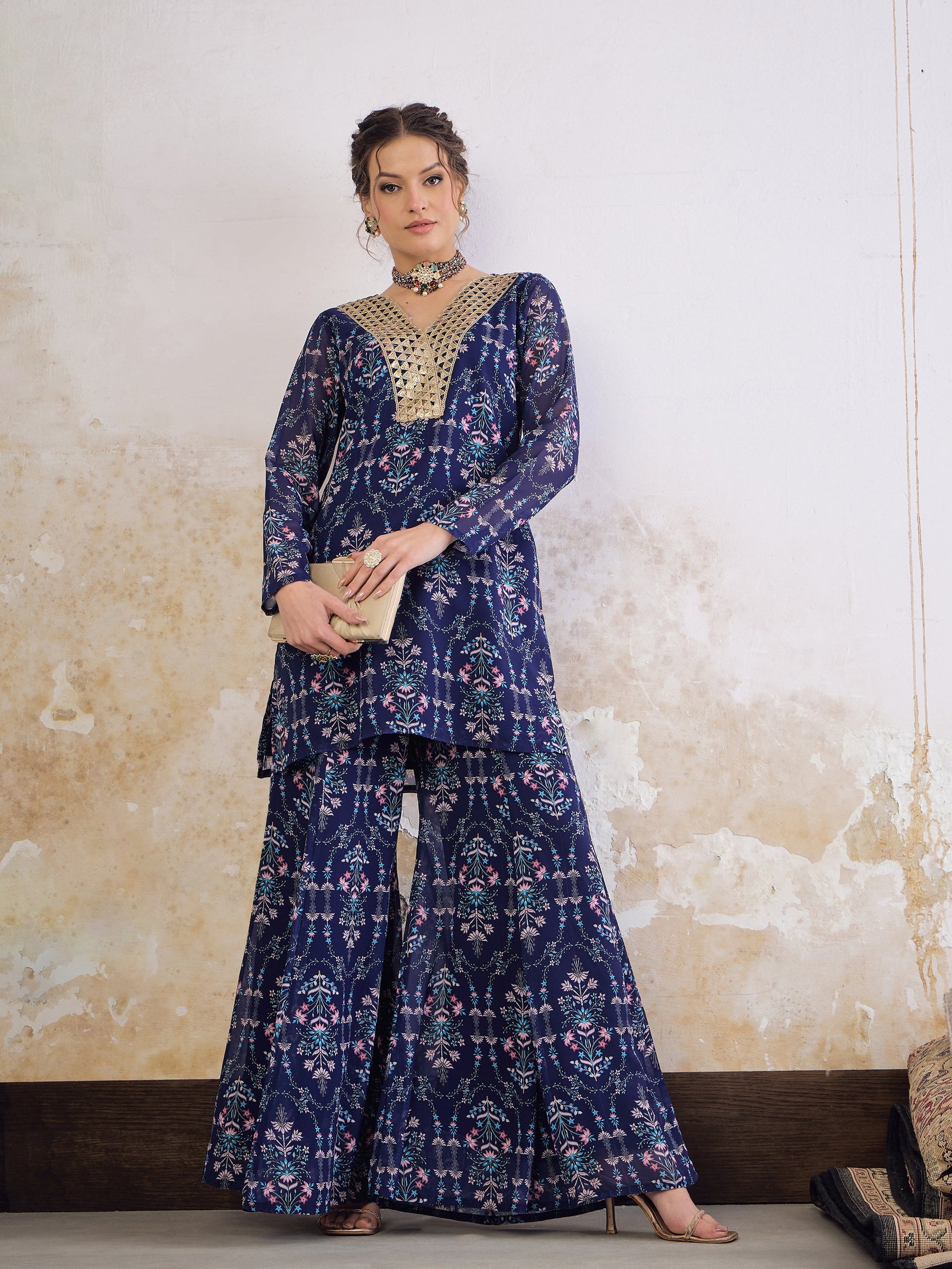 Navy Blue Floral Short Kurta With Palazzo Pants-Shae by SASSAFRAS