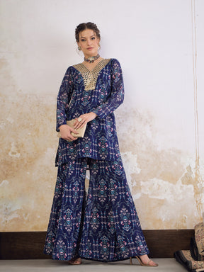 Navy Blue Floral Short Kurta With Palazzo Pants-Shae by SASSAFRAS