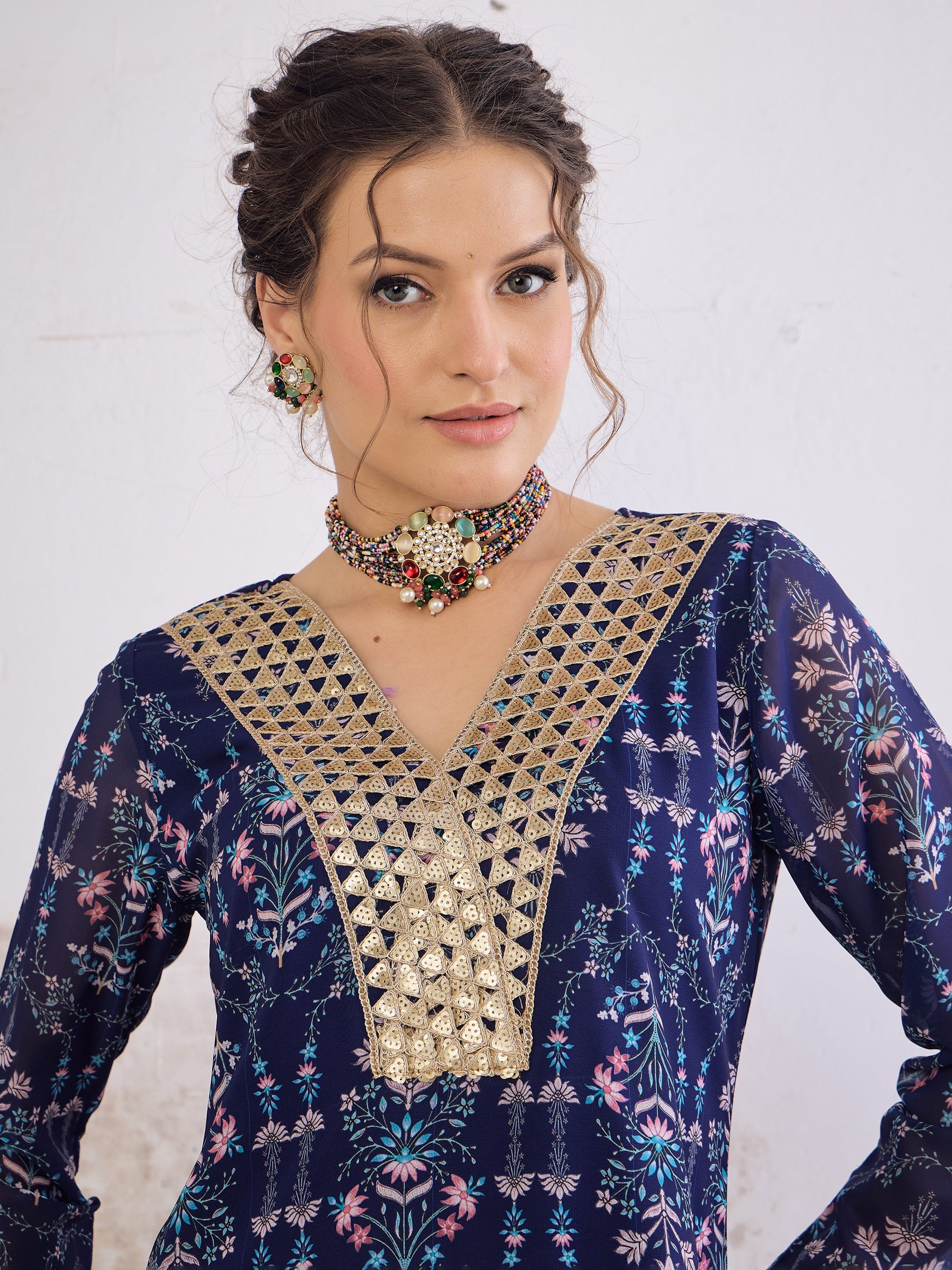 Navy Blue Floral Short Kurta With Palazzo Pants-Shae by SASSAFRAS
