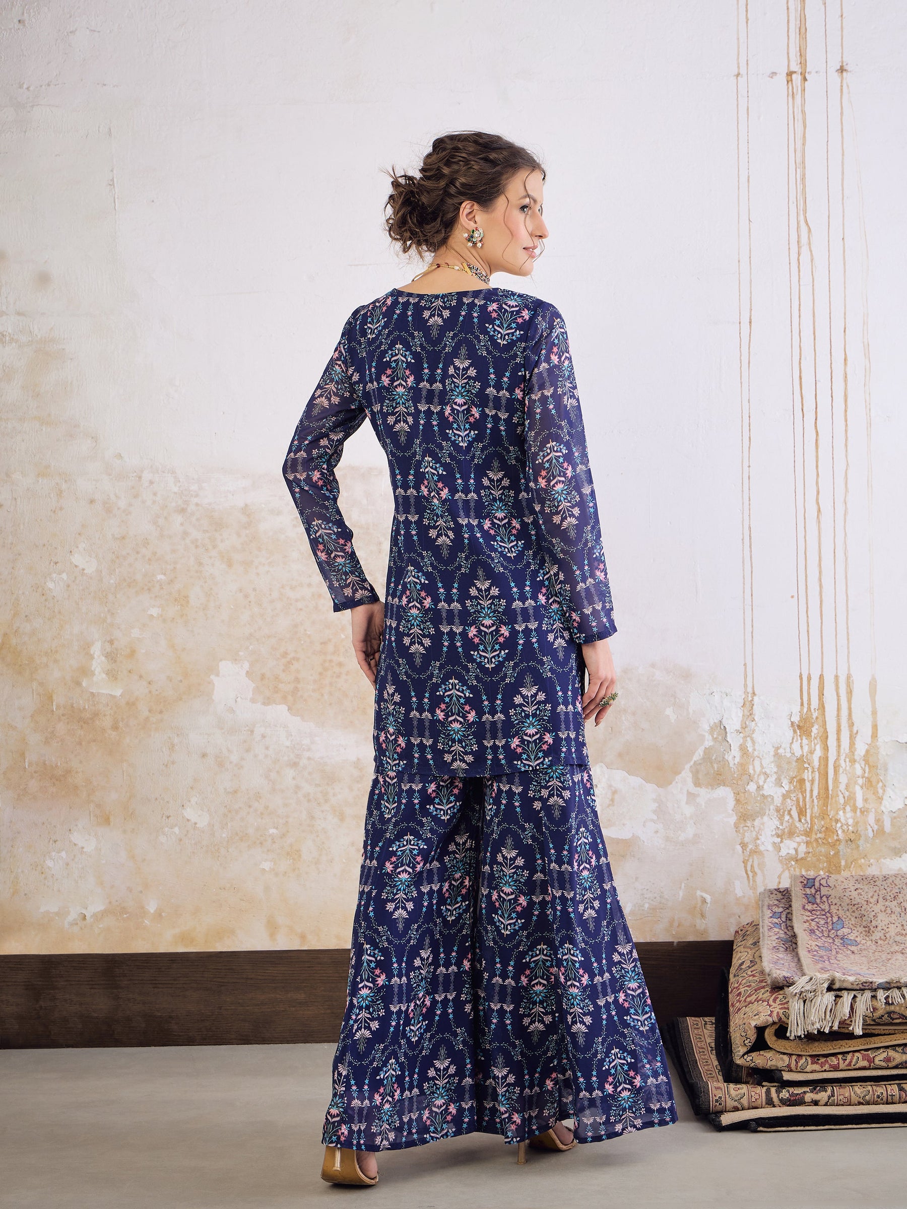Navy Blue Floral Short Kurta With Palazzo Pants-Shae by SASSAFRAS