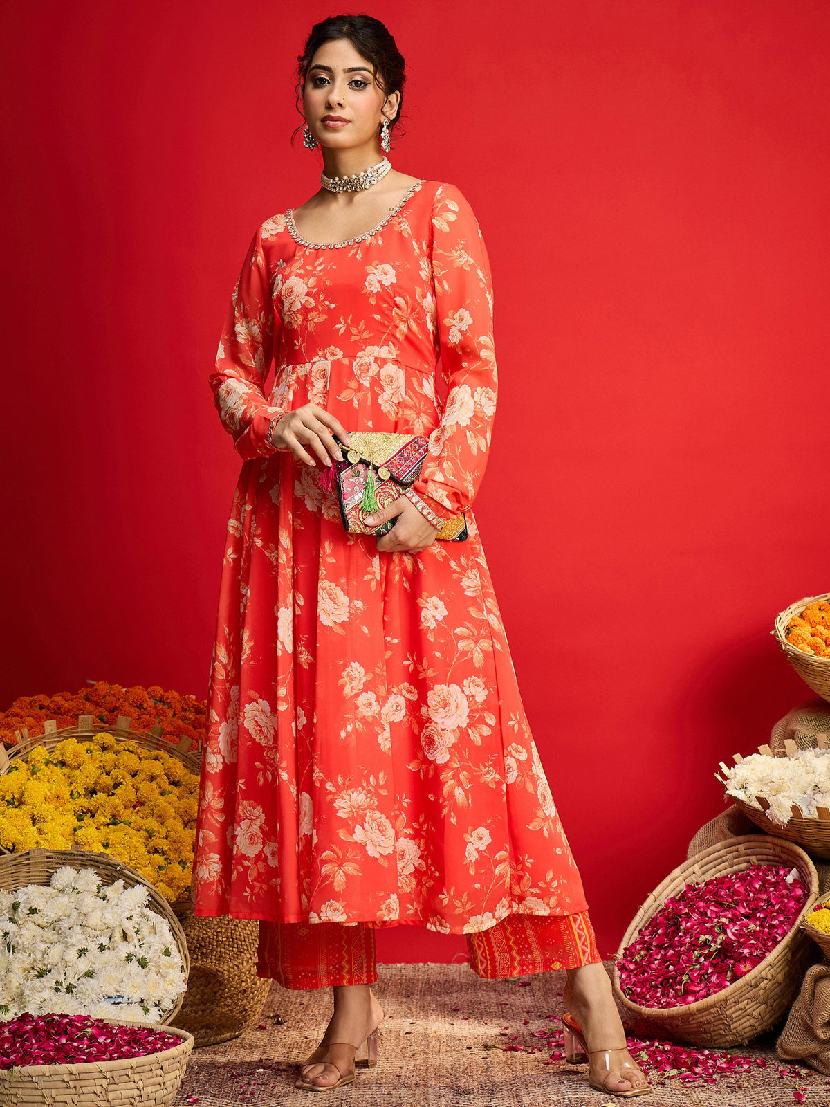 Orange Floral Anarkali Kurta With Straight Pants-Shae by SASSAFRAS