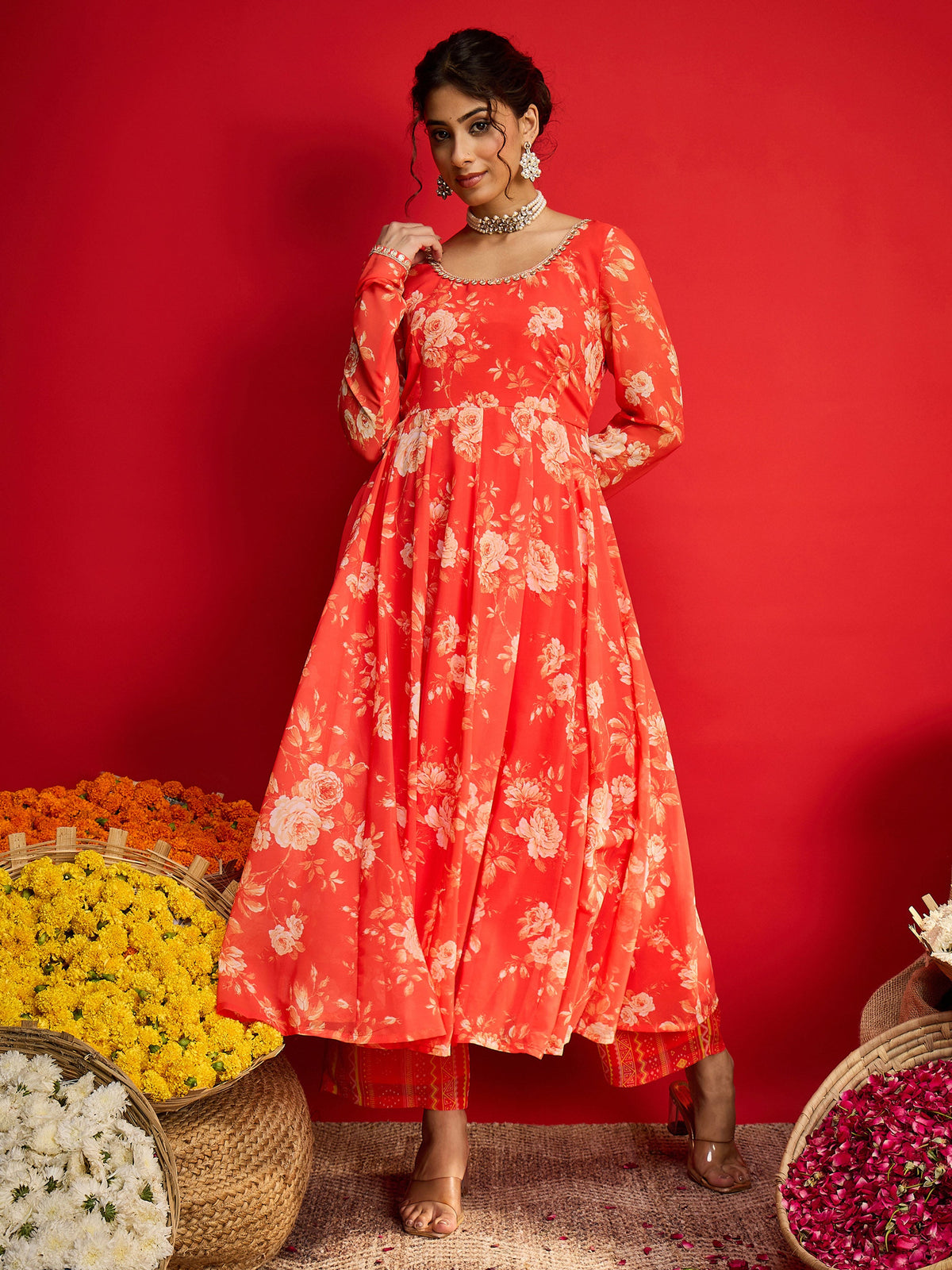 Orange Floral Anarkali Kurta With Straight Pants-Shae by SASSAFRAS