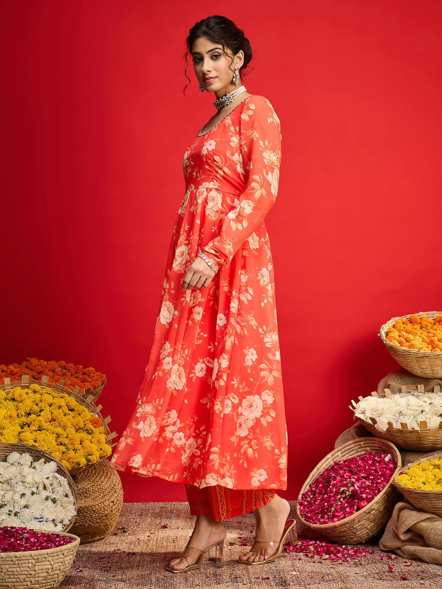 Orange Floral Anarkali Kurta With Straight Pants-Shae by SASSAFRAS