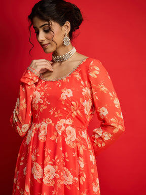Orange Floral Anarkali Kurta With Straight Pants-Shae by SASSAFRAS