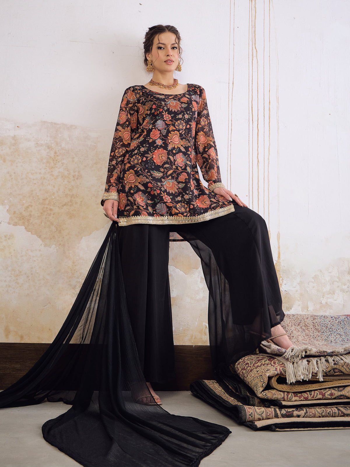 Black Floral Short Kurta With Solid Palazzo Pants & Dupatta-Shae by SASSAFRAS