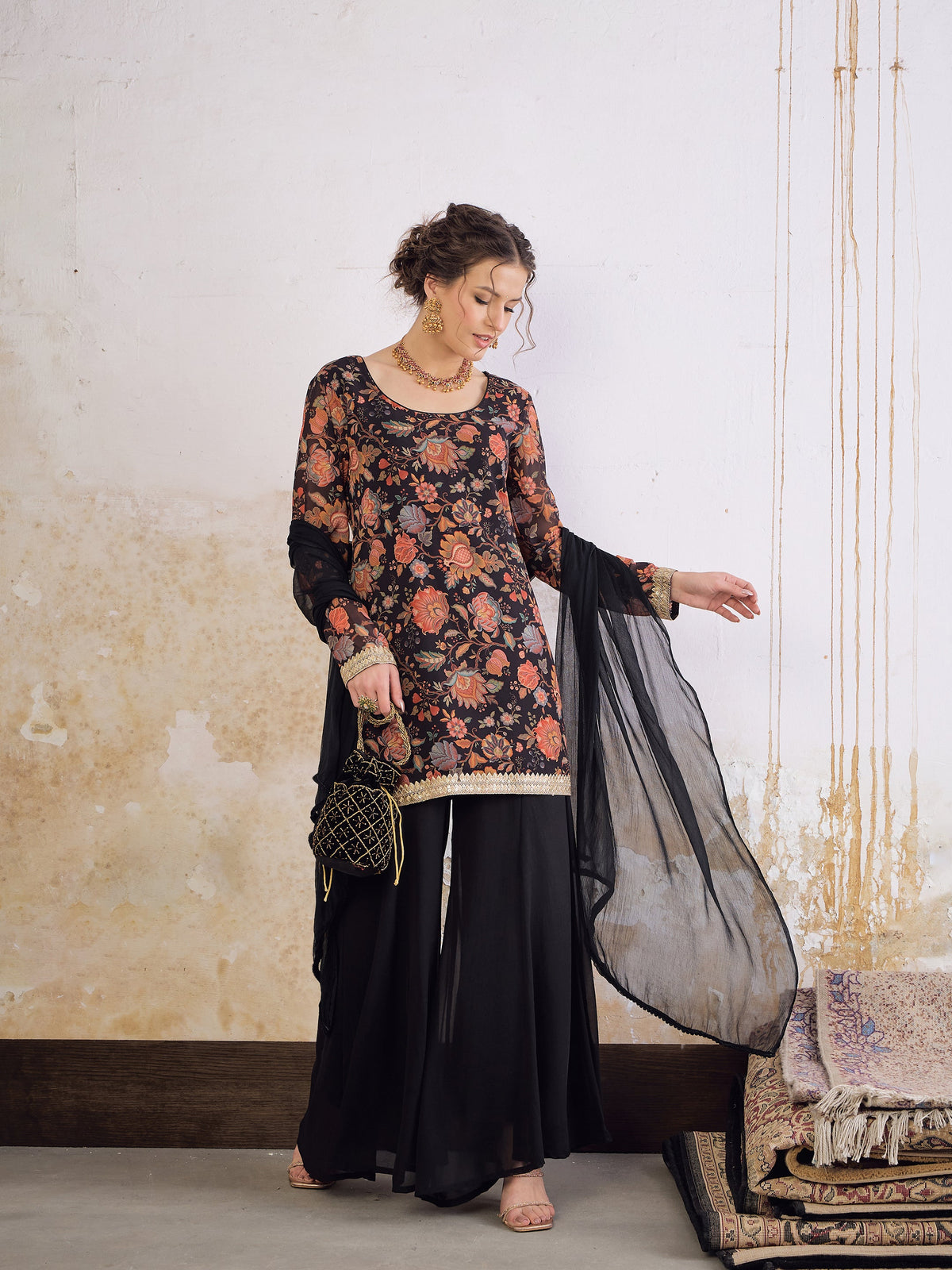 Black Floral Short Kurta With Solid Palazzo Pants & Dupatta-Shae by SASSAFRAS