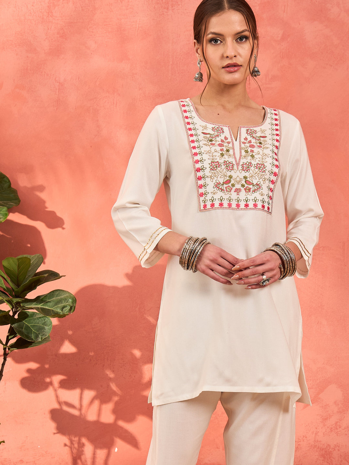White Rayon Embroidered Short Kurta With Salwar-Shae by SASSAFRAS