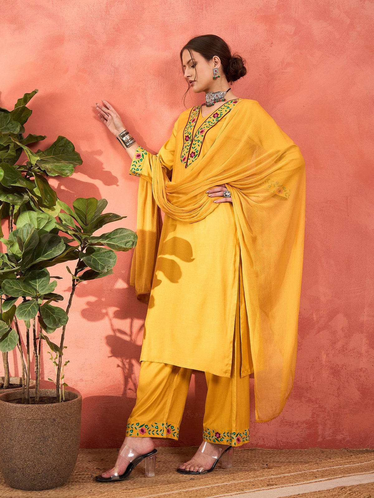 Mustard Rayon Embroidered Kurta With Pencil Pants & Dupatta-Shae by SASSAFRAS