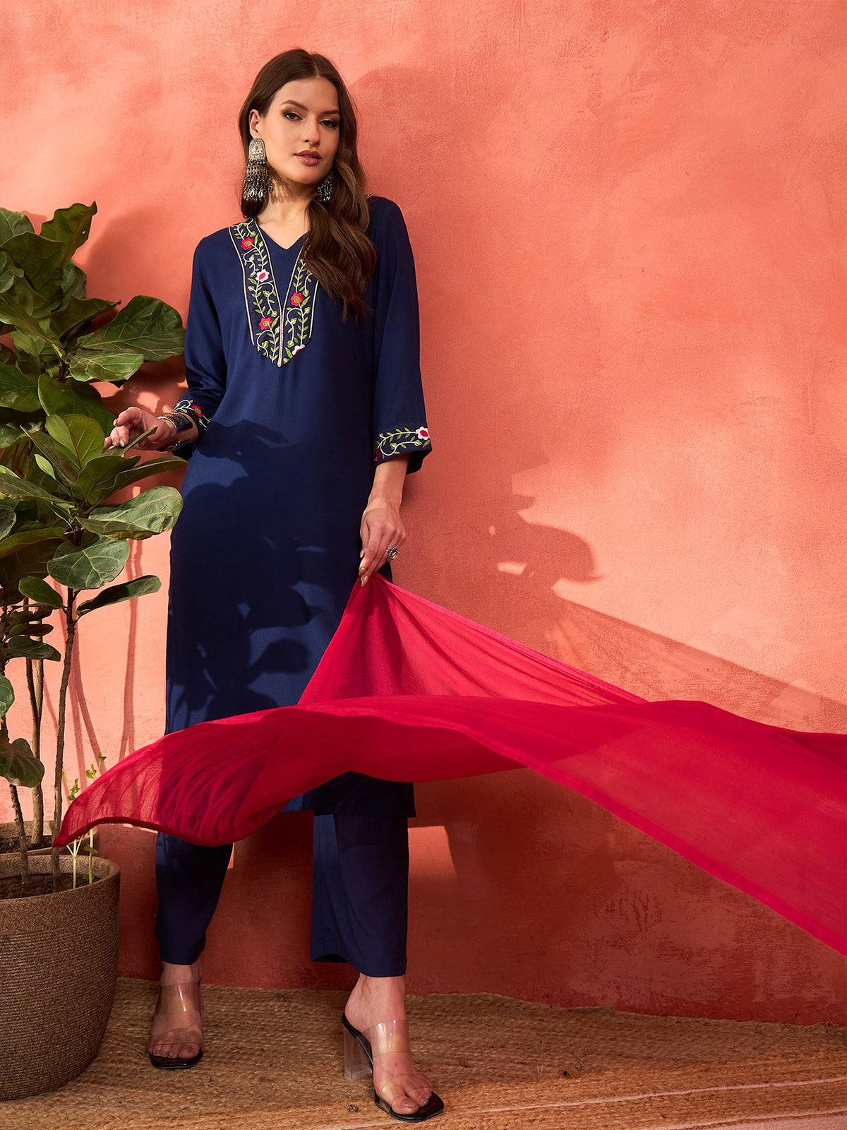 Navy Rayon Embroidered Kurta With Pencil Pants & Dupatta-Shae by SASSAFRAS