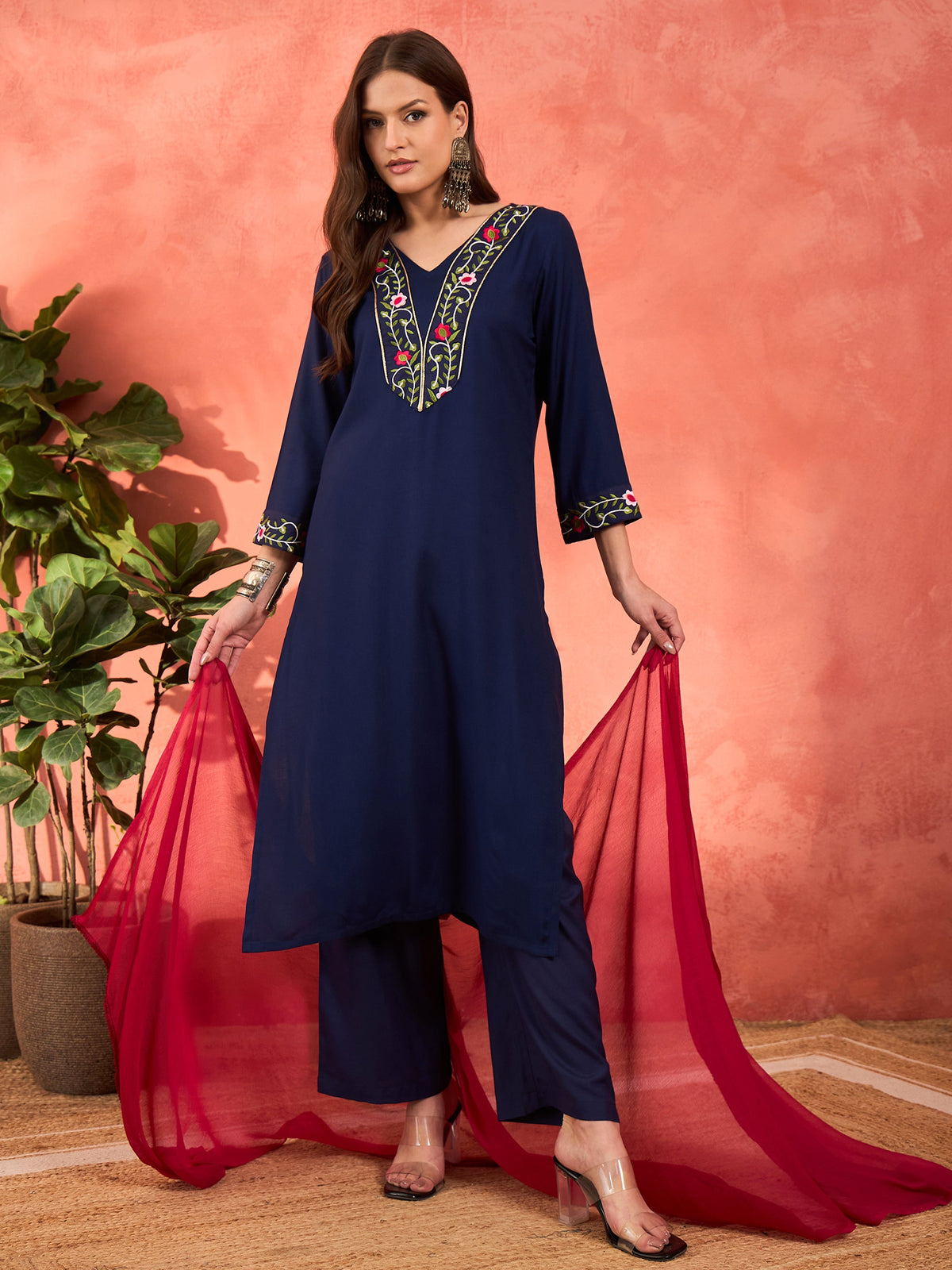 Navy Rayon Embroidered Kurta With Pencil Pants & Dupatta-Shae by SASSAFRAS