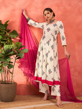 White Floral Rayon Anarkali Kurta With Straight Pants & Dupatta-Shae by SASSAFRAS