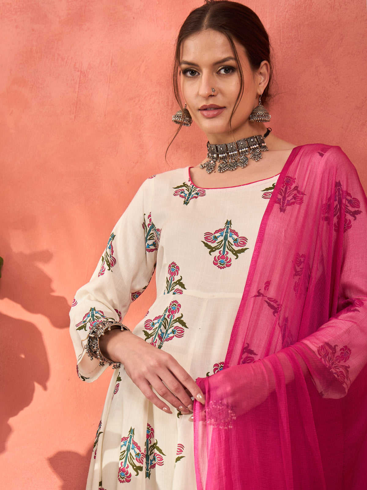 White Floral Rayon Anarkali Kurta With Straight Pants & Dupatta-Shae by SASSAFRAS