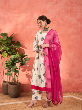 White Floral Rayon Anarkali Kurta With Straight Pants & Dupatta-Shae by SASSAFRAS