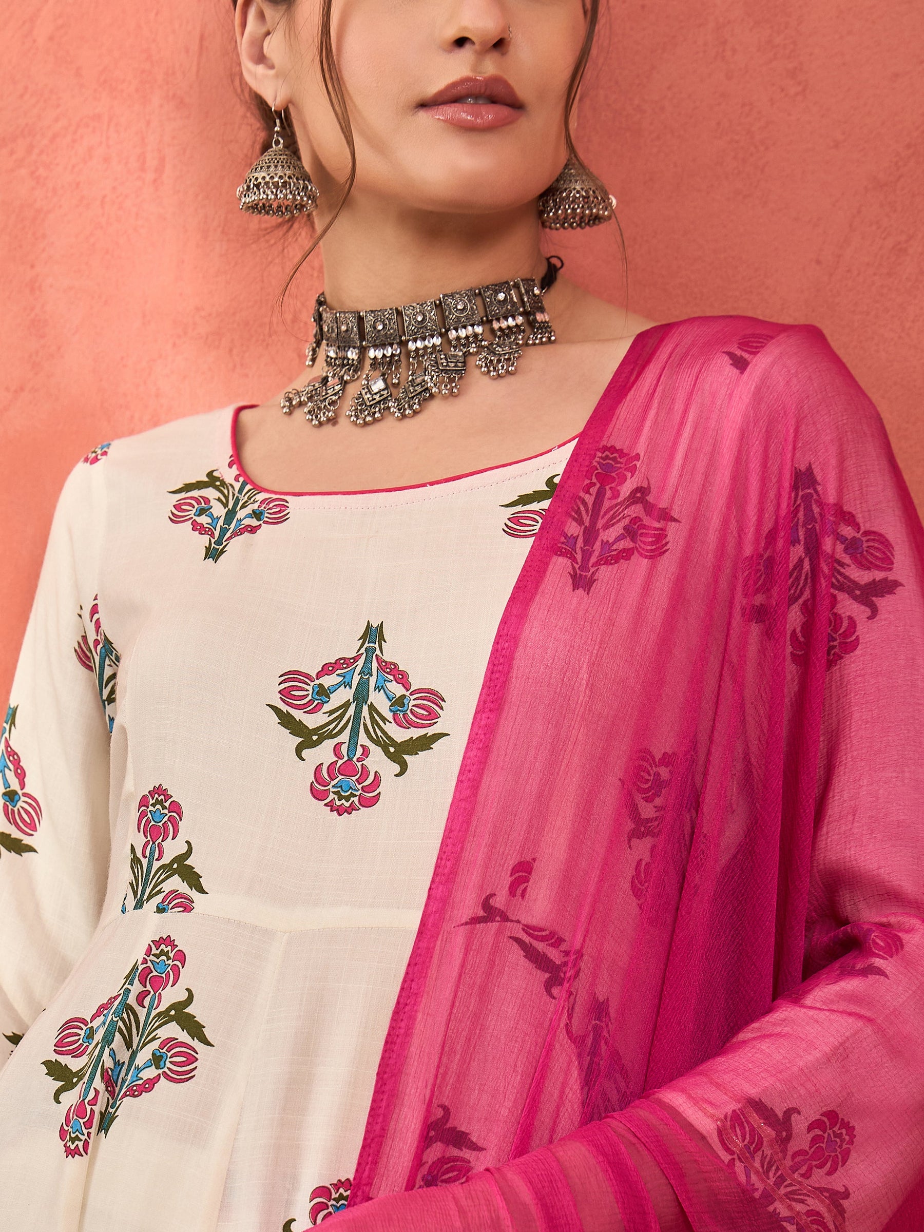White Floral Rayon Anarkali Kurta With Straight Pants & Dupatta-Shae by SASSAFRAS