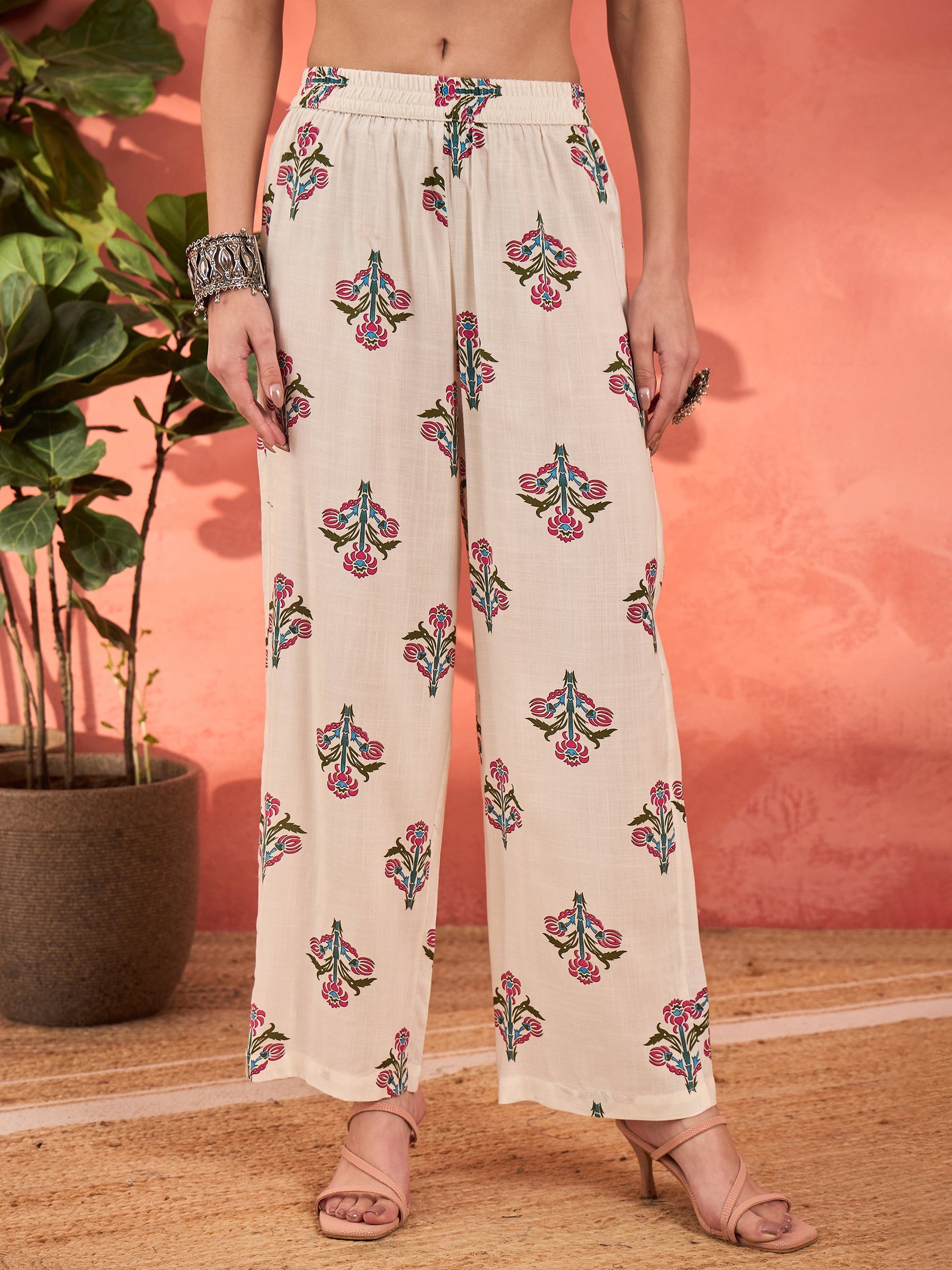 White Floral Rayon Anarkali Kurta With Straight Pants & Dupatta-Shae by SASSAFRAS