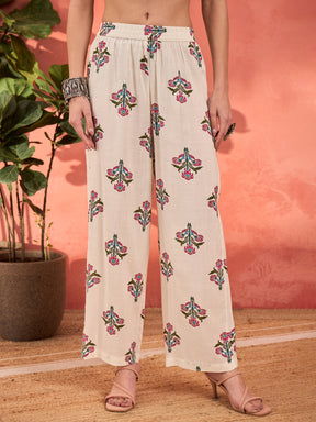 White Floral Rayon Anarkali Kurta With Straight Pants & Dupatta-Shae by SASSAFRAS