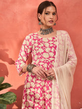 Pink Floral Rayon Anarkali Kurta With Straight Pants & Dupatta-Shae by SASSAFRAS