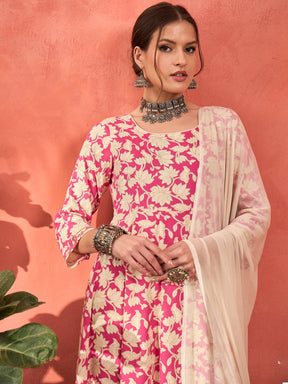 Pink Floral Rayon Anarkali Kurta With Straight Pants & Dupatta-Shae by SASSAFRAS