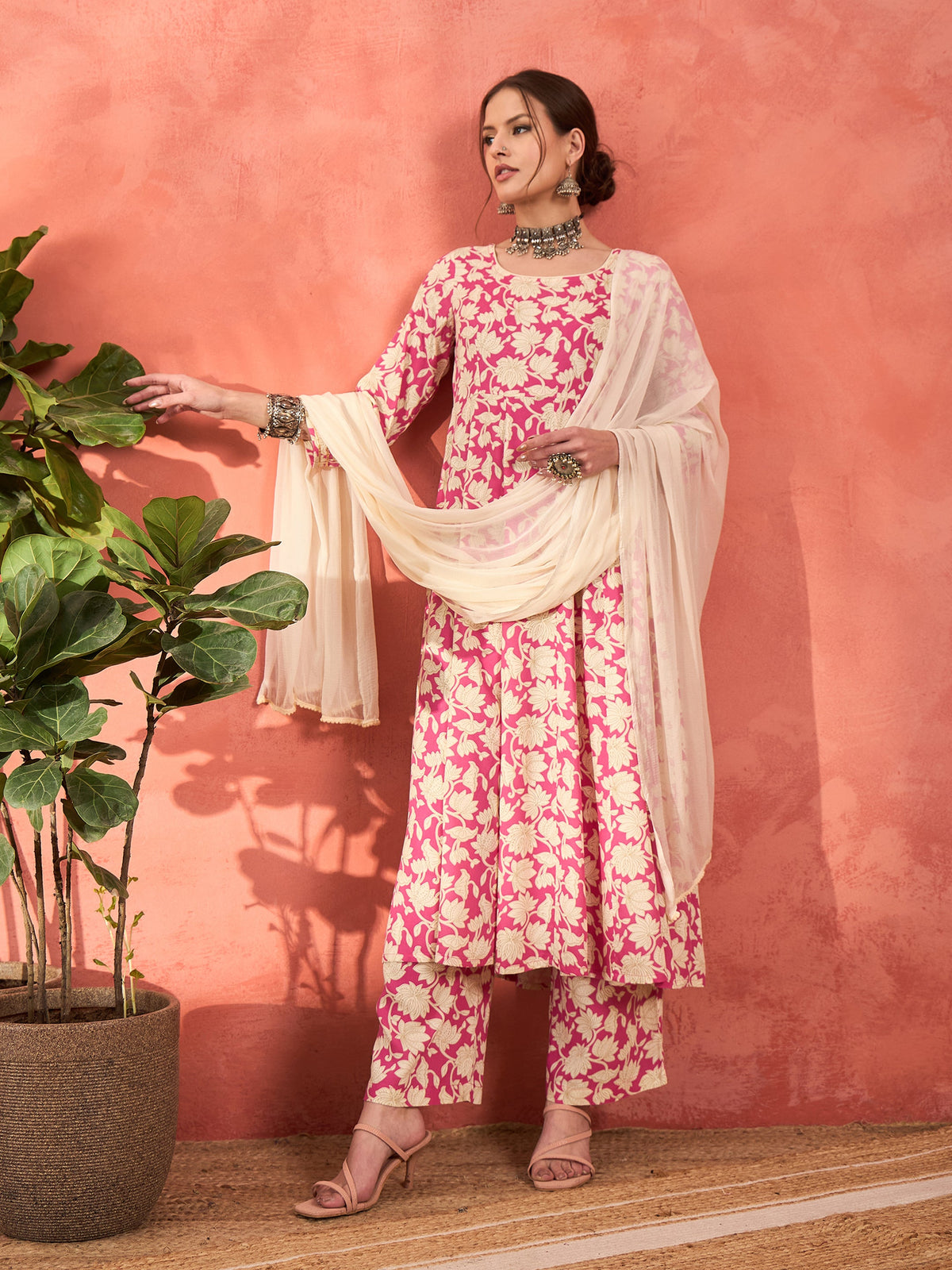 Pink Floral Rayon Anarkali Kurta With Straight Pants & Dupatta-Shae by SASSAFRAS