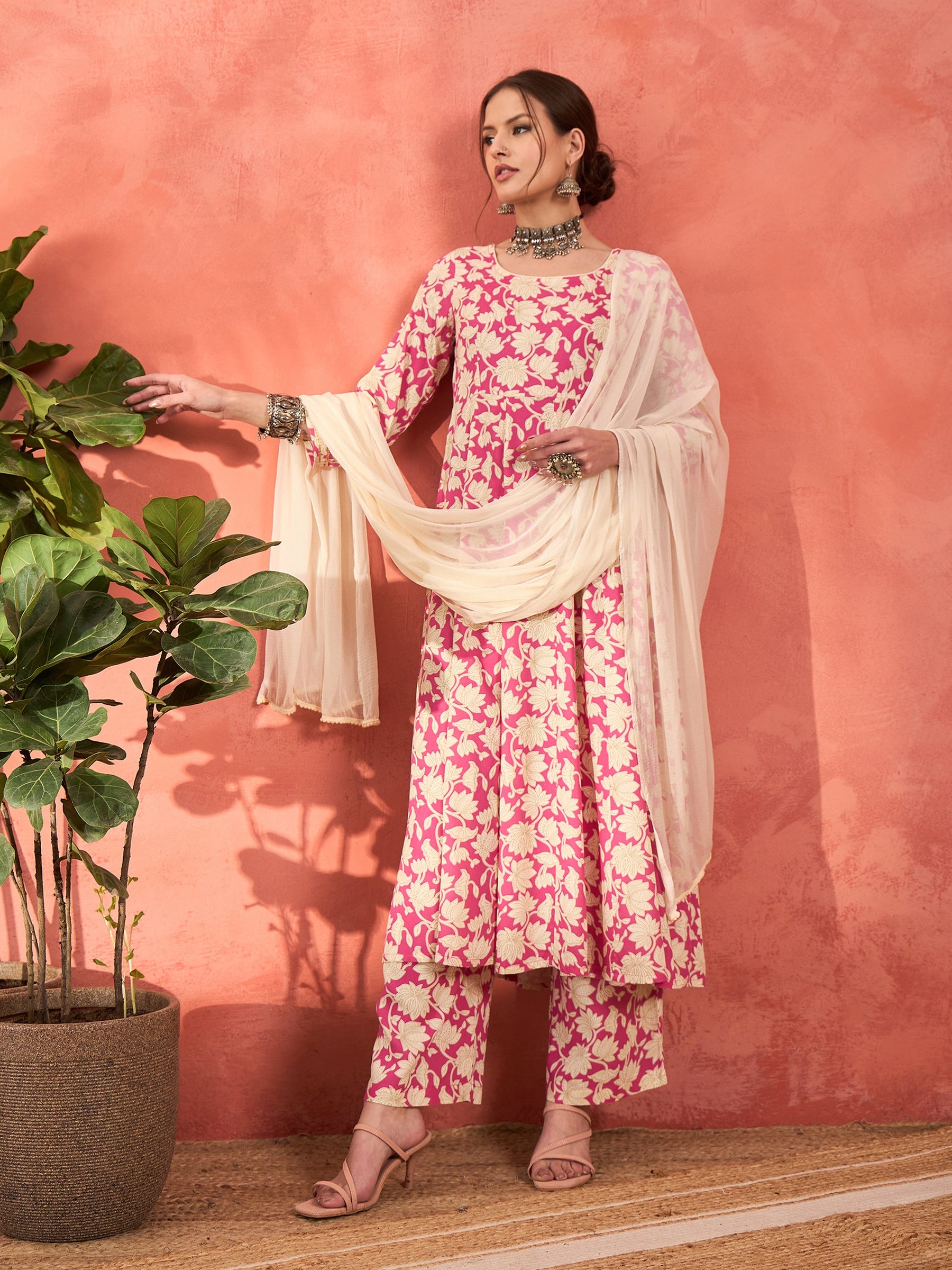 Pink Floral Rayon Anarkali Kurta With Straight Pants & Dupatta-Shae by SASSAFRAS