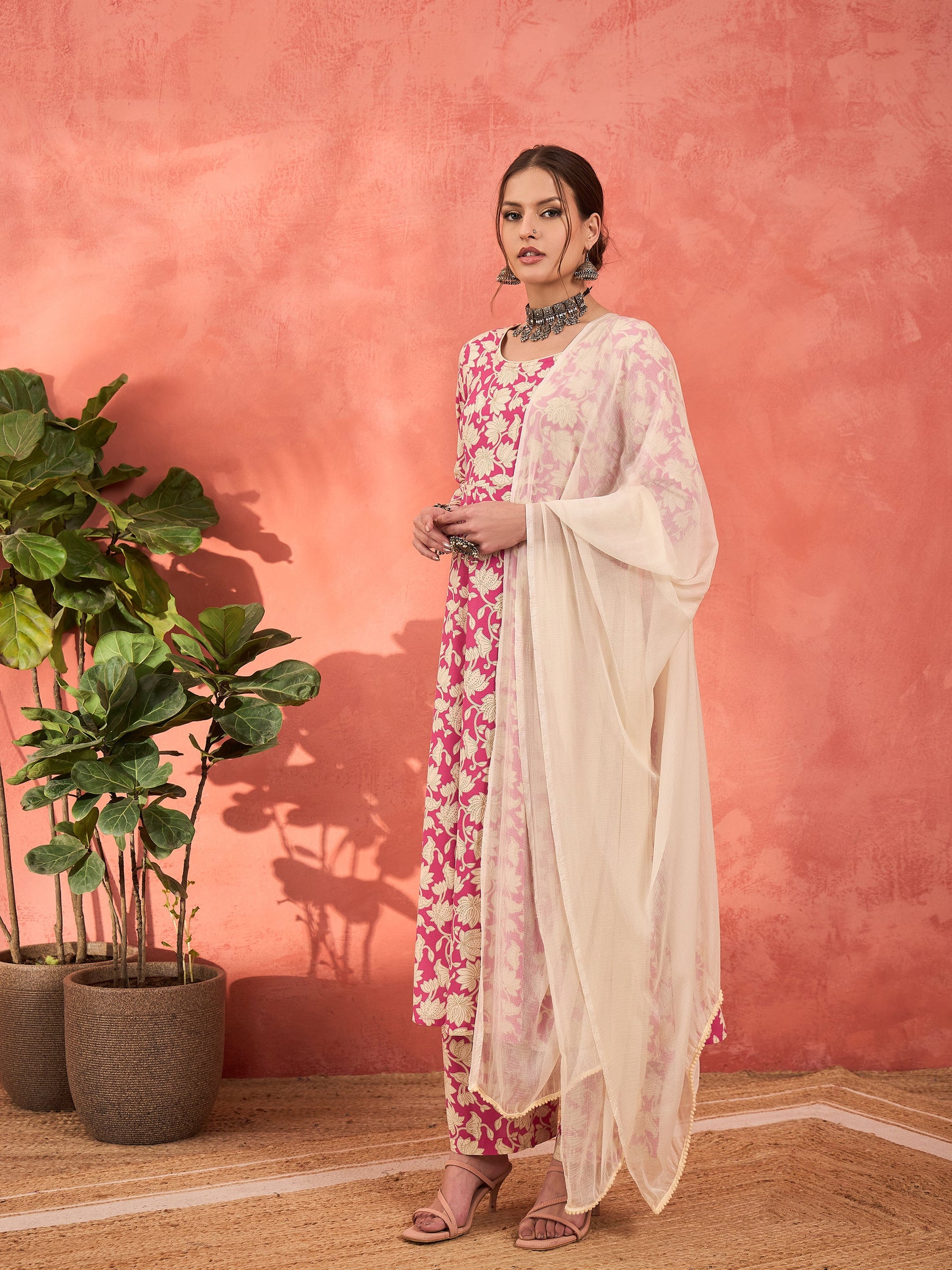 Pink Floral Rayon Anarkali Kurta With Straight Pants & Dupatta-Shae by SASSAFRAS