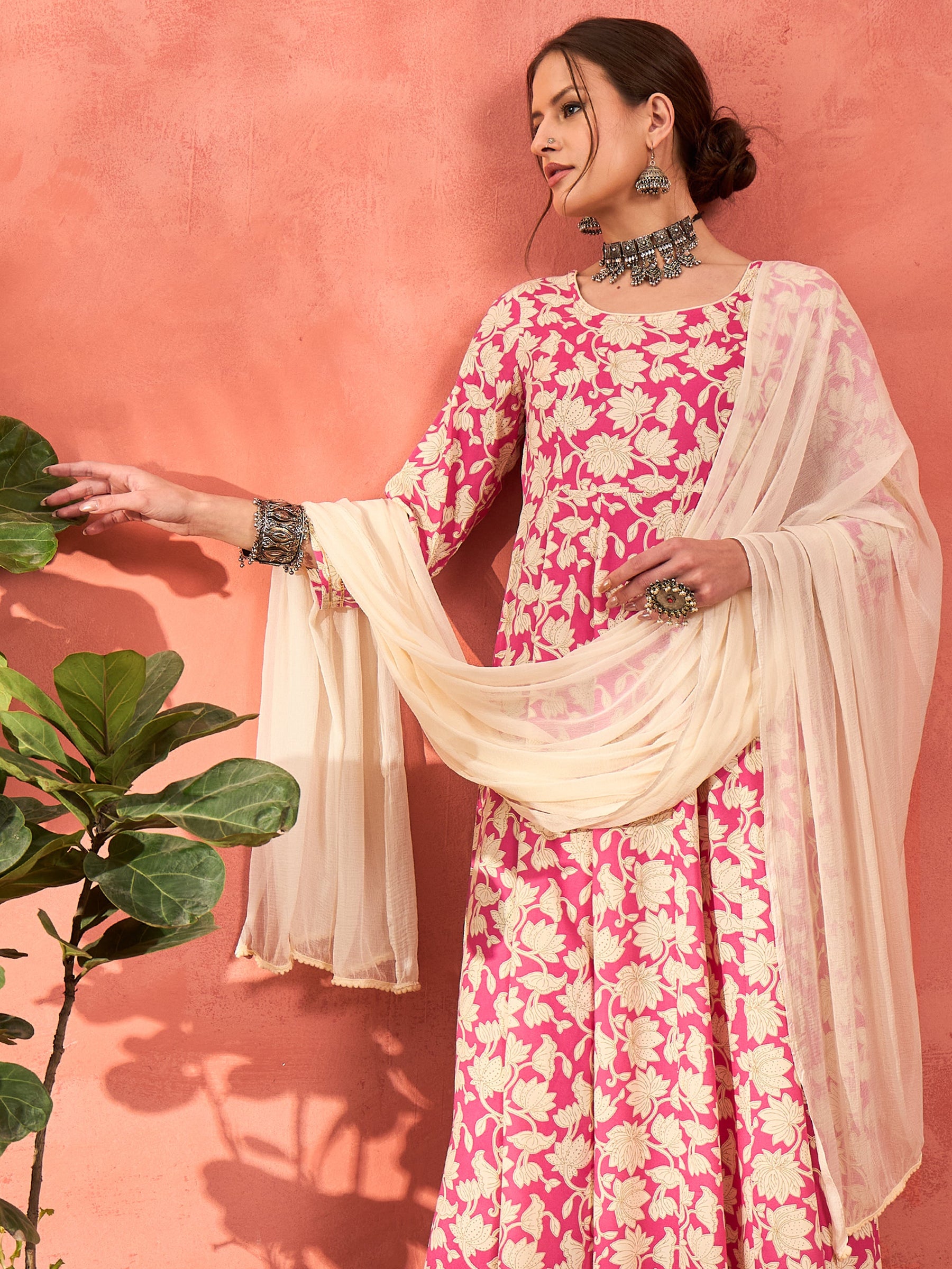 Pink Floral Rayon Anarkali Kurta With Straight Pants & Dupatta-Shae by SASSAFRAS