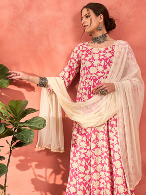 Pink Floral Rayon Anarkali Kurta With Straight Pants & Dupatta-Shae by SASSAFRAS