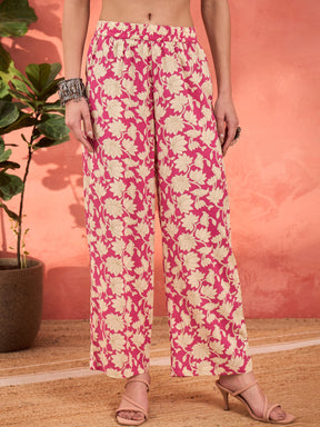 Pink Floral Rayon Anarkali Kurta With Straight Pants & Dupatta-Shae by SASSAFRAS