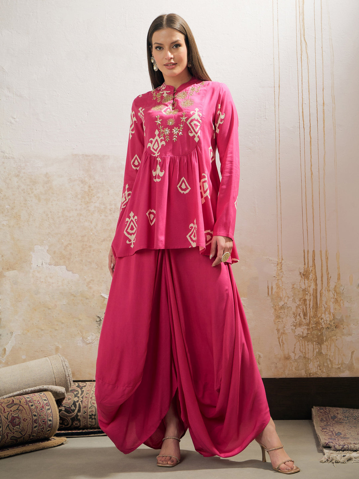 Pink Motif Embroidered Rayon Peplum Top With Solid Dhoti Skirt -Shae by SASSAFRAS