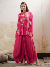 Pink Motif Embroidered Rayon Peplum Top With Solid Dhoti Skirt -Shae by SASSAFRAS