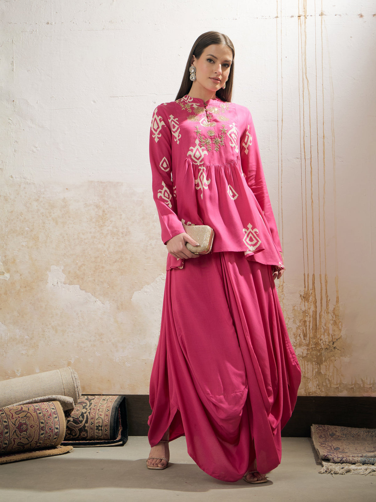 Pink Motif Embroidered Rayon Peplum Top With Solid Dhoti Skirt -Shae by SASSAFRAS
